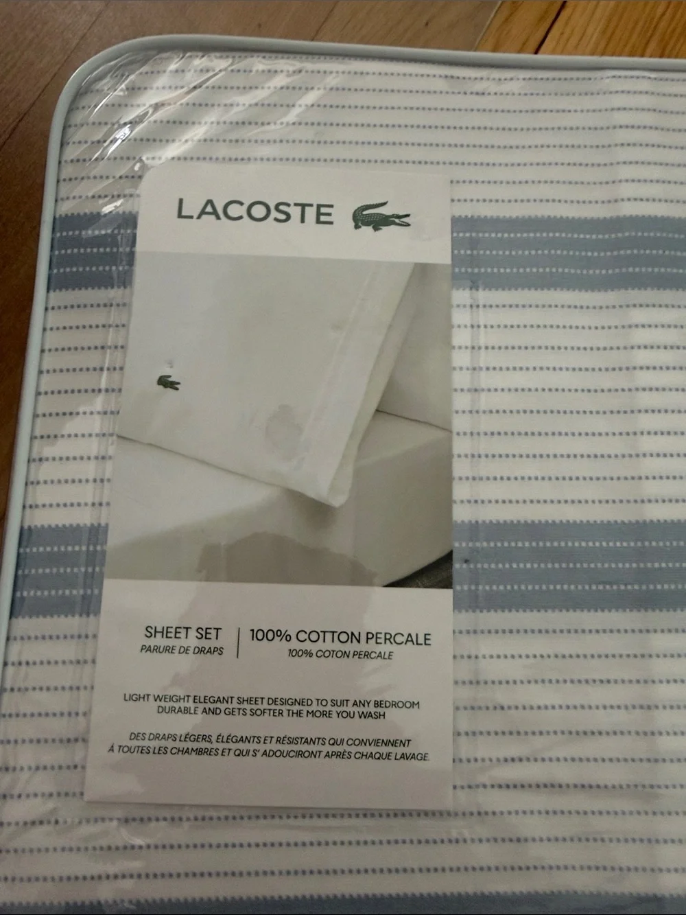 Lacoste 100% Cotton Persale Twin Bedding Set - White & Light Blue Striped